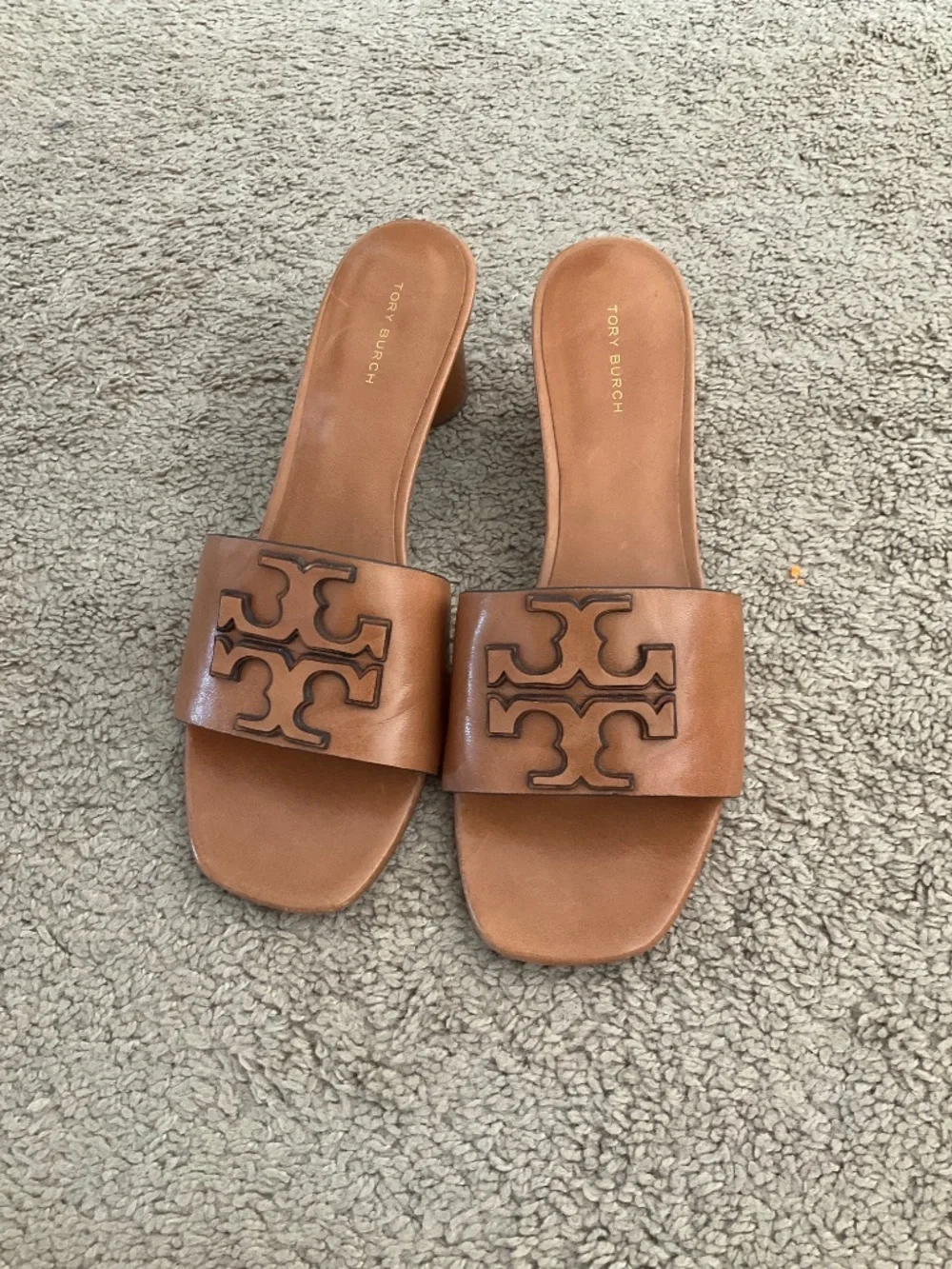 Tory Burch Tan Leather Slide Sandals with Logo Heel